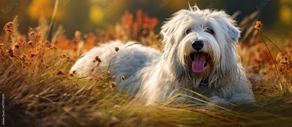 In the isolated corner of the expansive field a majestic white Briard dog happily frolics on the lush green grass embodying the beauty of nature during the summertime creating a picturesque In the isolated corner of the expansive field a majestic white Briard dog happily frolics on the lush green grass embodying the beauty of nature during the summertime creating a picturesque