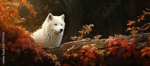 summer amidst the green beauty of the forest a white animal roamed freely its fur blending with the autumn leaves and wood background while the sea glistened with the vibrant colors of the s photo