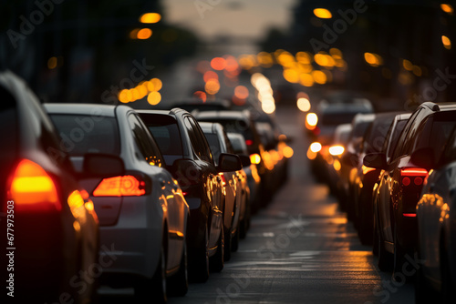 a huge line of traffic jam cars in a street bokeh style background