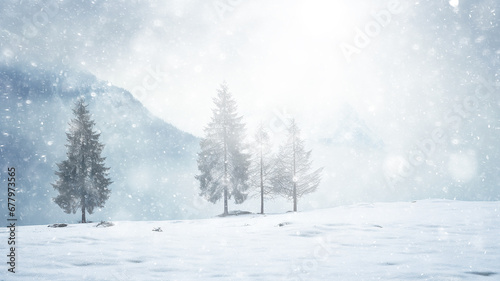winter background, landscape in snowfall, trees in the forest nature view in cold weather, white abstract seasonal nature background january calendar