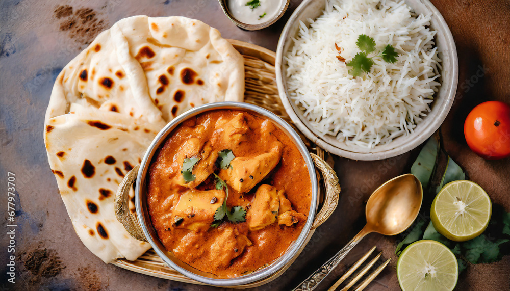 top-down shot of Indian butter chicken highlights succulent pieces of chicken in a creamy and aromatic tomato-based sauce, served with naan or rice, embodying the rich and flavorful cuisine of Norther