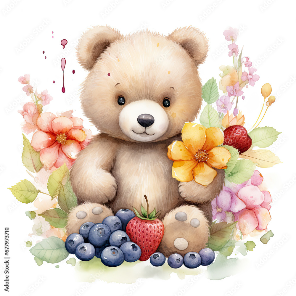 Bear flower and fruits Illustration, Generative Ai Bear flower and fruits Illustration, Generative Ai