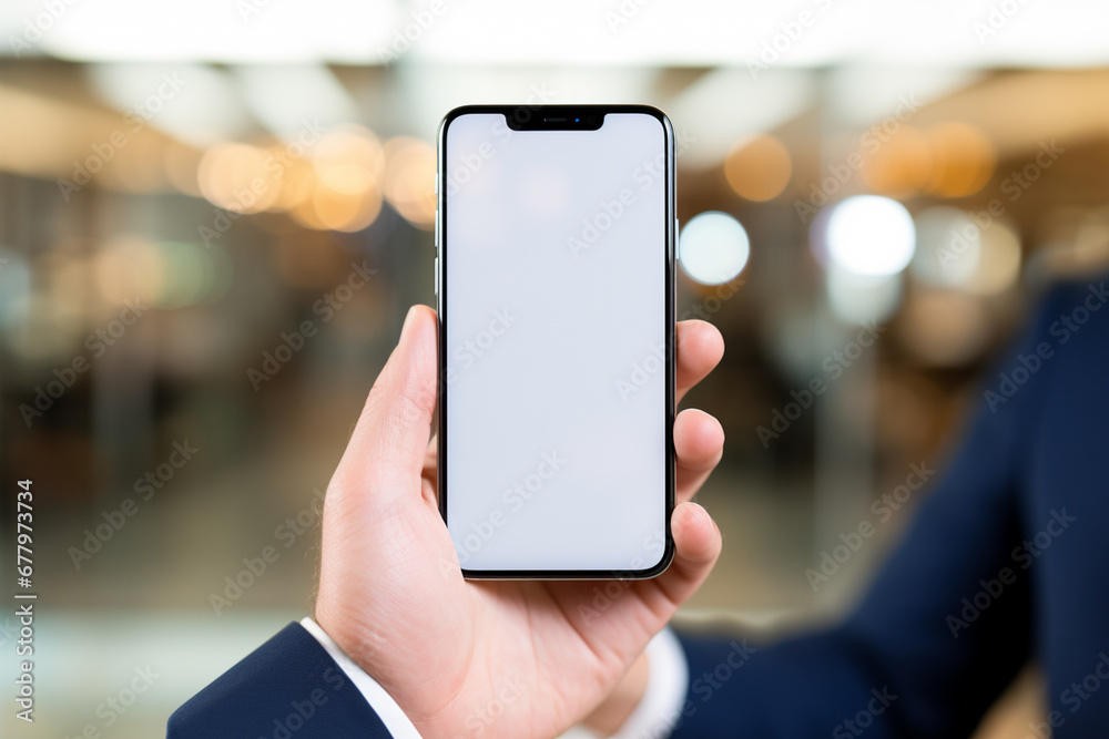 businessman hand holding smartphone bokeh style background