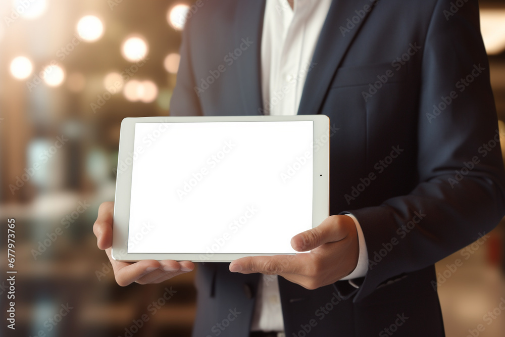 businessman hand holding tablet bokeh style background businessman hand holding tablet bokeh style background