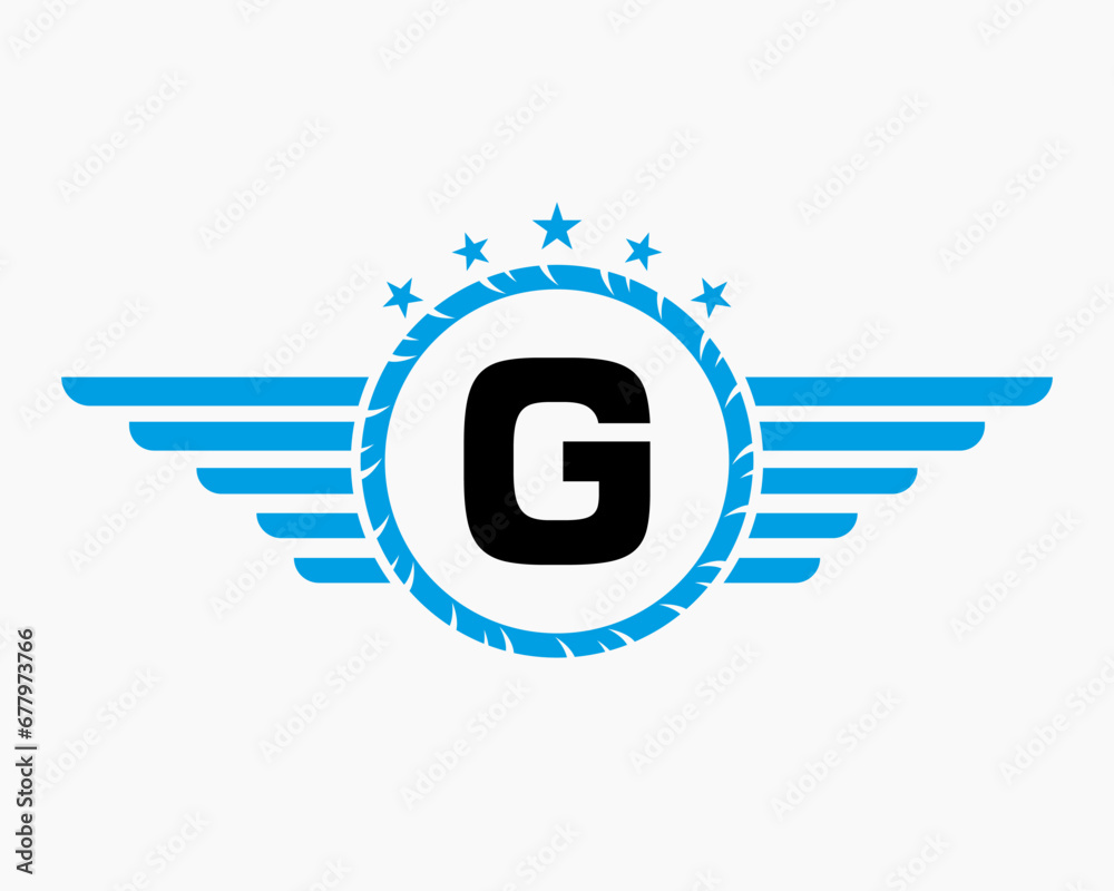 Initial Wing Logo On Letter G For Transportation Logo With Star And Speed Symbol Initial Wing Logo On Letter G For Transportation Logo With Star And Speed Symbol
