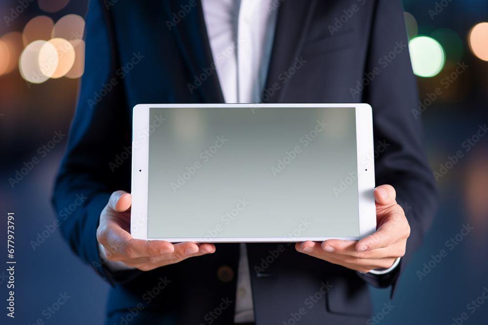 businessman hand holding tablet bokeh style background businessman hand holding tablet bokeh style background