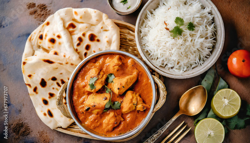 top-down shot of Indian butter chicken highlights succulent pieces of chicken in a creamy and aromatic tomato-based sauce, served with naan or rice, embodying the rich and flavorful cuisine of Norther