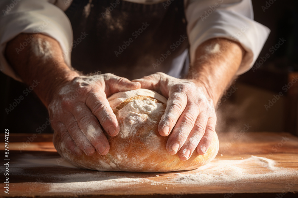 a man is kneading bread on wooden table bokeh style background