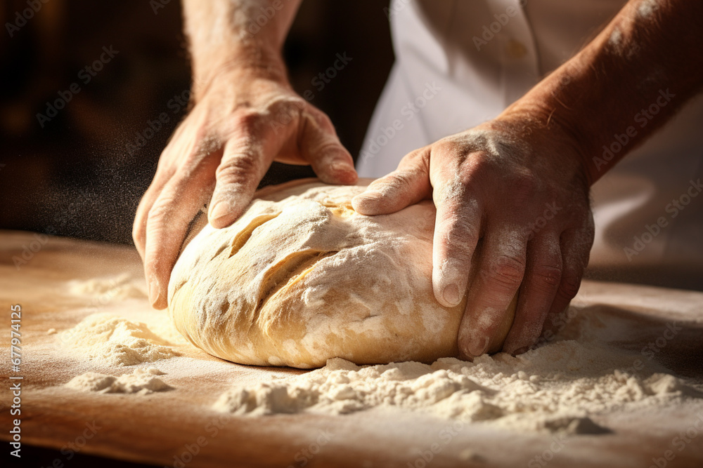 a man is kneading bread on wooden table bokeh style background