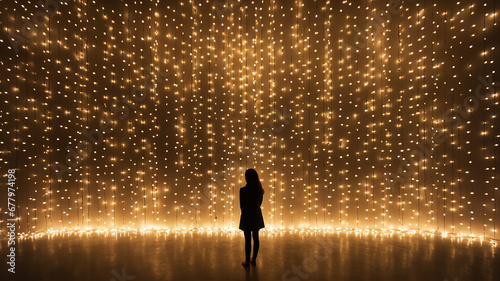 the wall is festively decorated with small lights of garlands with a golden glow, against its background there is a person view from the back photo