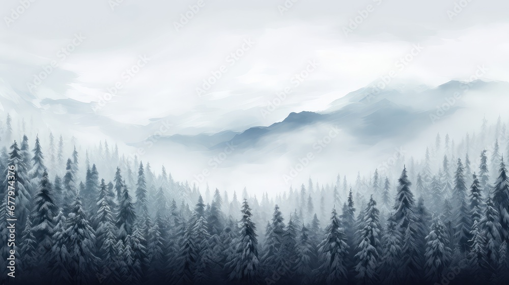 Obraz premium beautiful forest icy cloud snowy illustration background winter, snow season, fog scenery beautiful forest icy cloud snowy