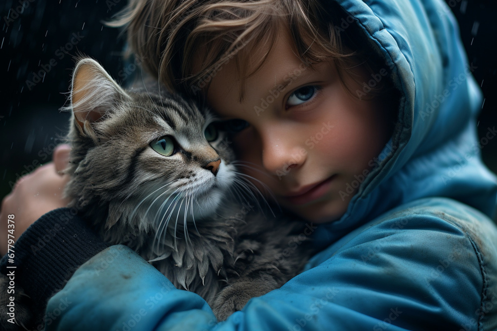 close up of a boy hugging his cat bokeh style background