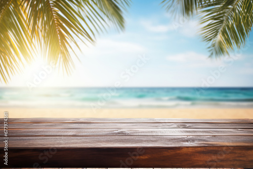 Wooden table by the sea, a tropical display of tranquility. Paradise found with an empty deck, palm leaves, and a beautiful ocean view. Is AI Generative.