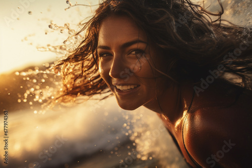 close up face of woman riding a wave on top a surfboard at the sea bokeh style background