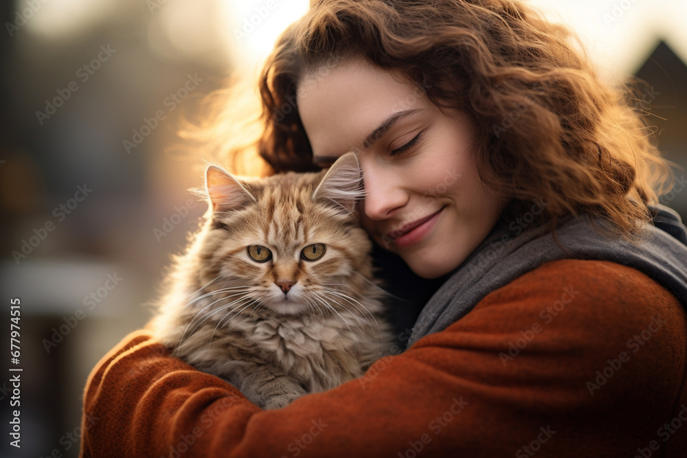 close up of a woman hugging her cat bokeh style background