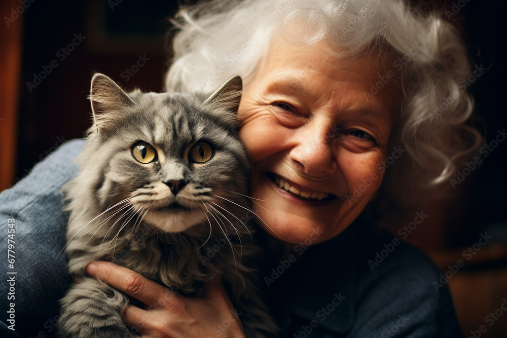 close up of a old woman hugging her cat  bokeh style background