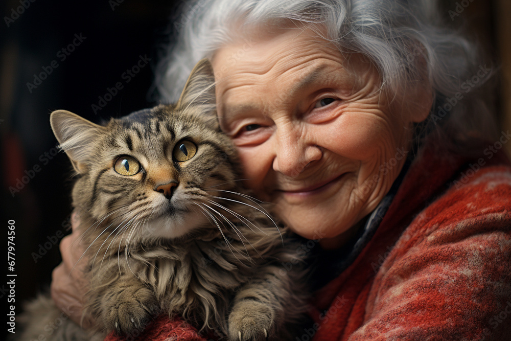 close up of a old woman hugging her cat bokeh style background close up of a old woman hugging her cat bokeh style background