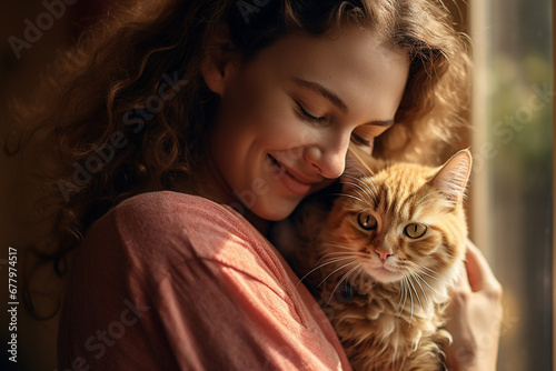 close up of a woman hugging her cat bokeh style background
