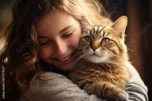 close up of a woman hugging her cat bokeh style background photo