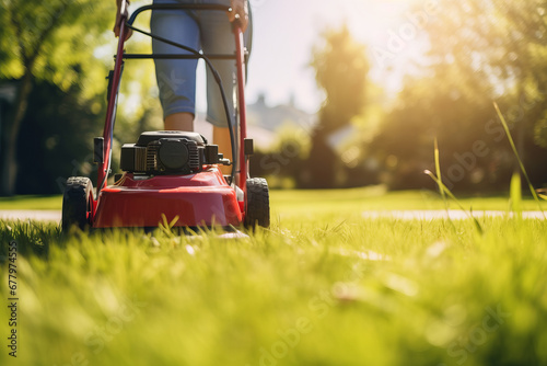 A woman in workwear and safety gear mowing a green lawn with a gasoline lawnmower on a sunny day. Homeowner's yard work. This description is AI Generative. photo