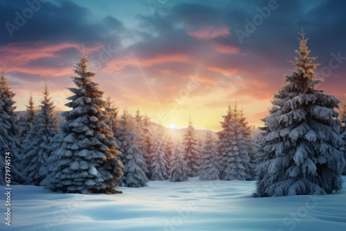 Sunset over a snow-covered forest and a frozen river. The calmness and serene lighting create a beautiful winter scene in the wilderness. This description is AI Generative. © Alisa