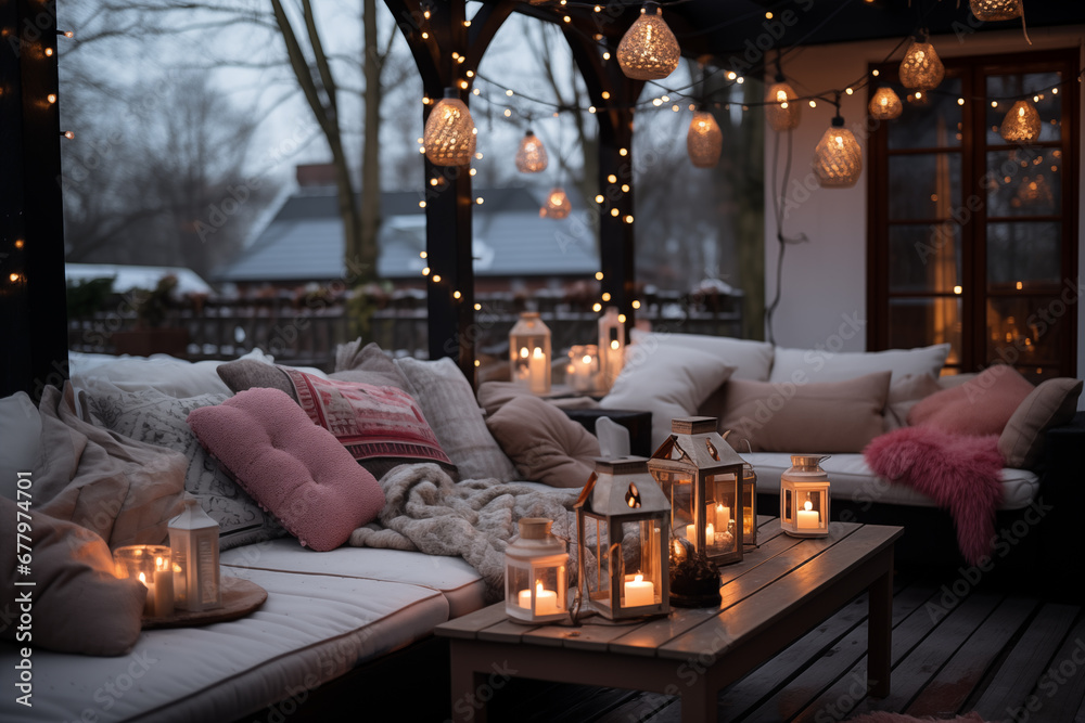 cozy outdoor patio decorated to Christmas Holiday. winter at home - obrazy, fototapety, plakaty 