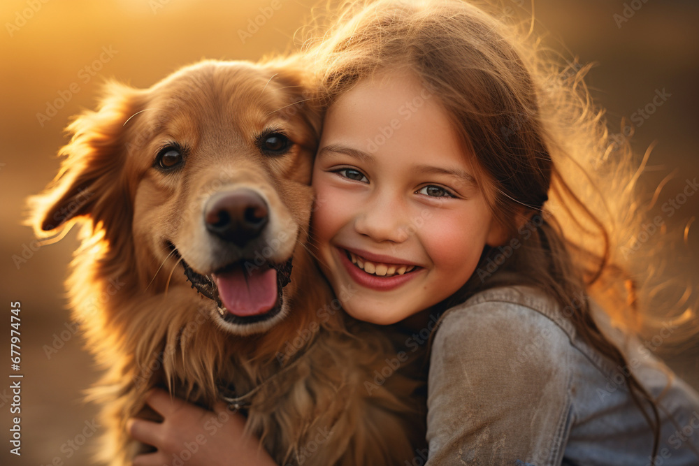 close up of young girl hugging her dog bokeh style background