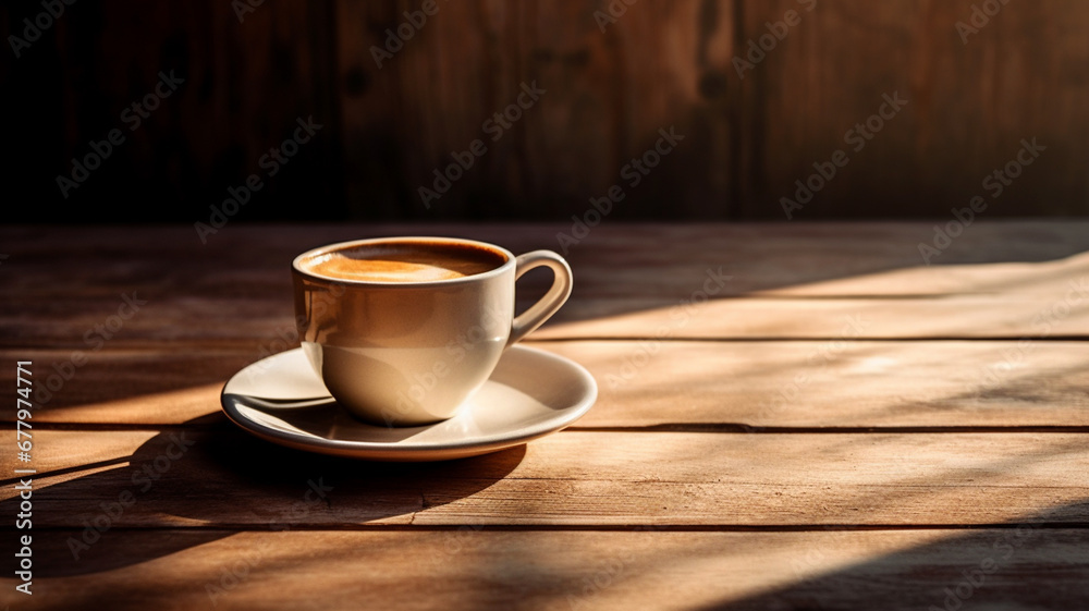 Coffee cup on wooden table under morning light near the window Coffee cup on wooden table under morning light near the window