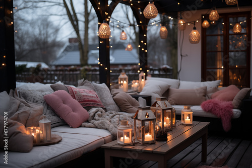 cozy outdoor patio decorated to Christmas Holiday. winter at home