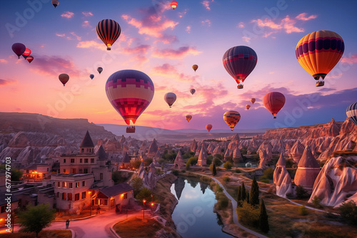 vibrant hot-air balloons hovering in the sky on sunrise, Cappadocia, Turkey photo