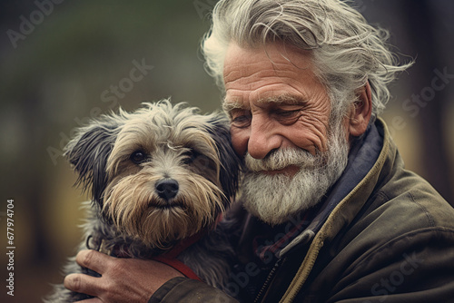 close up of old man hugging his dog bokeh style background