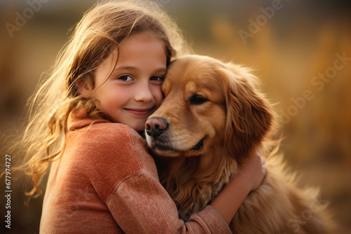 close up of young girl hugging her dog bokeh style background © toonsteb