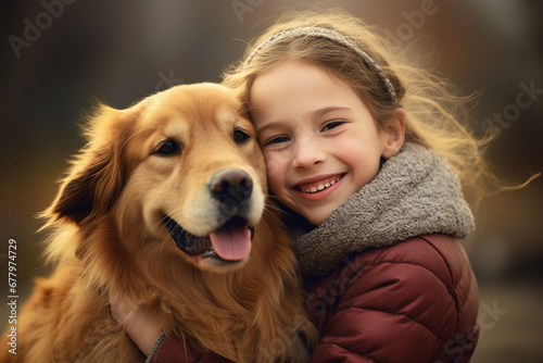 close up of young girl hugging her dog bokeh style background