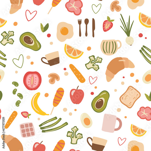 Seamless pattern with breakfast food and vegetables in hand drawn style. Flat illustrations isolated on white. Doodles apple, broccoli, croissant, sausage, scrambled eggs, avocado.