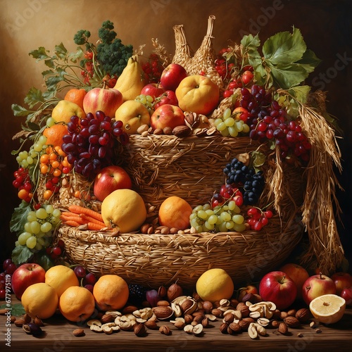 A realistic still life painting of a cornucopia made of woven straw