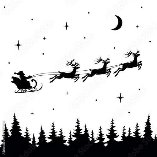 Flying Santa Claus in a sleigh, silhouette for Christmas decoration. Winter forest, snow and stars, beautiful background for design for the new year. Isolated vector illustration on a white background