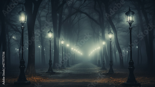 generated art landscape with street lights in the night autumn fog, fabulous picture silence mystery mist