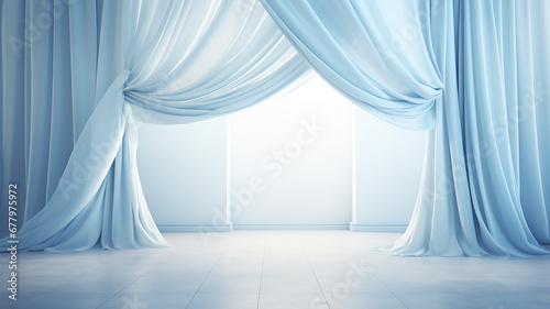 delicate soft color blue curtains, window decoration made of fabric, decor, beautiful interior podium pastel shades