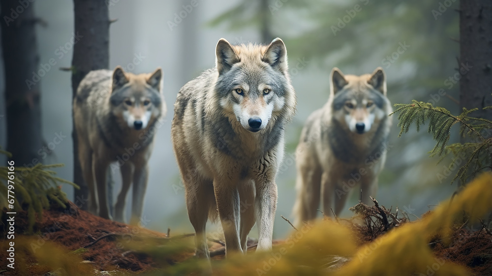 a pack of wolves in the autumn forest , frontal view of wildlife, predators hunting, fear of the attack of wild animals a pack of wolves in the autumn forest , frontal view of wildlife, predators hunting, fear of the attack of wild animals