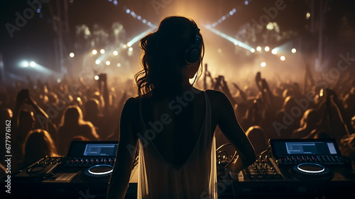 silhouette of a DJ at the remote control, a view from the back against the background of a nightclub with a crowd of dancing people, a night disco music festival photo