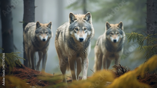 a pack of wolves in the autumn forest , frontal view of wildlife, predators hunting, fear of the attack of wild animals © kichigin19