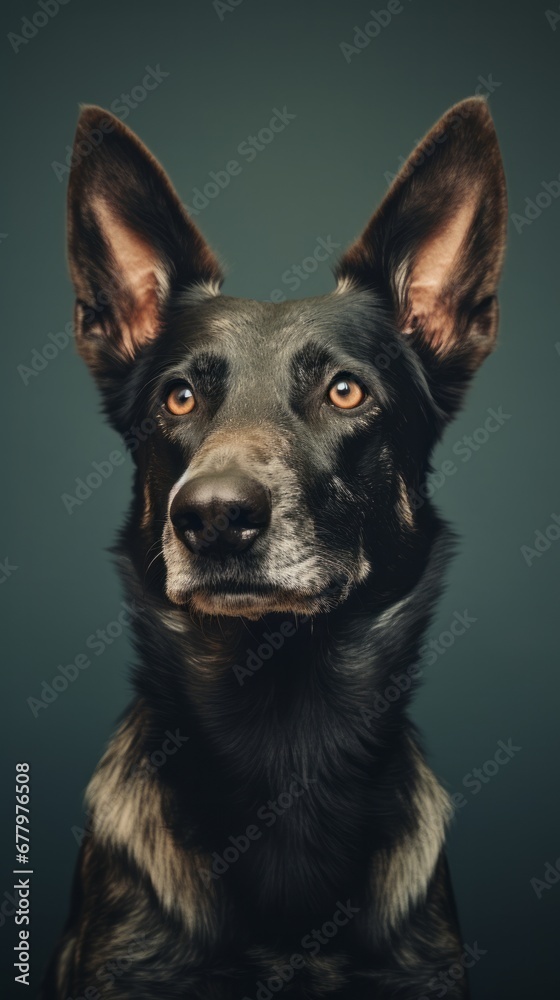 Portrait happy dog. Isolated on grey blue background