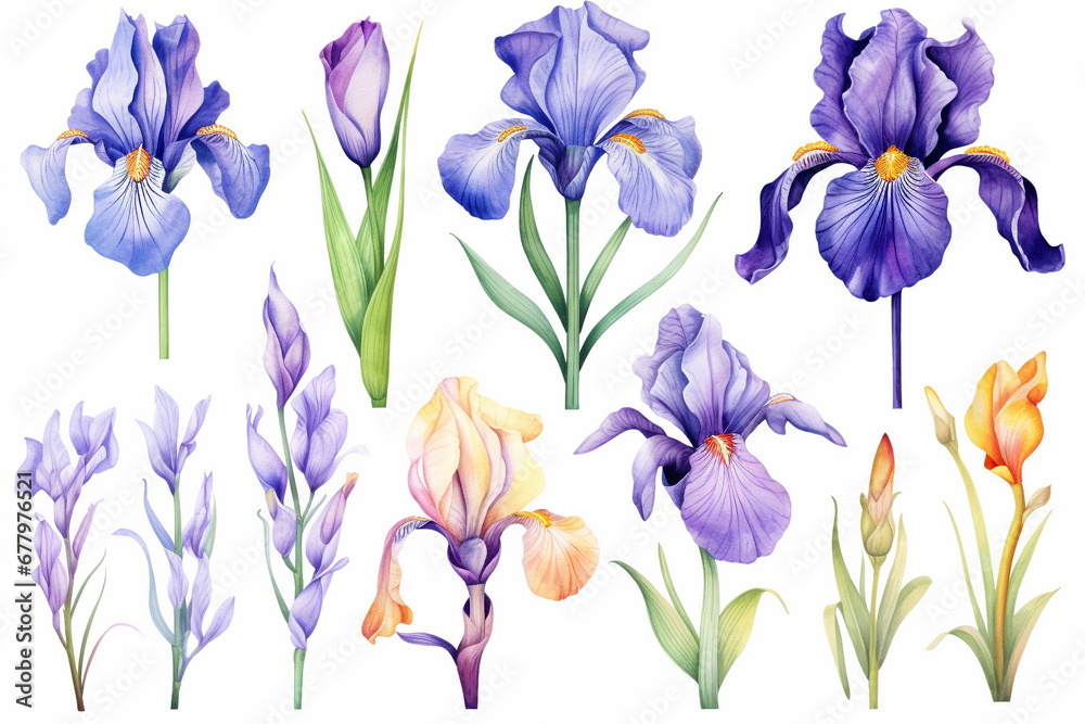 Watercolor paintings Iris flower symbols On a white background. 