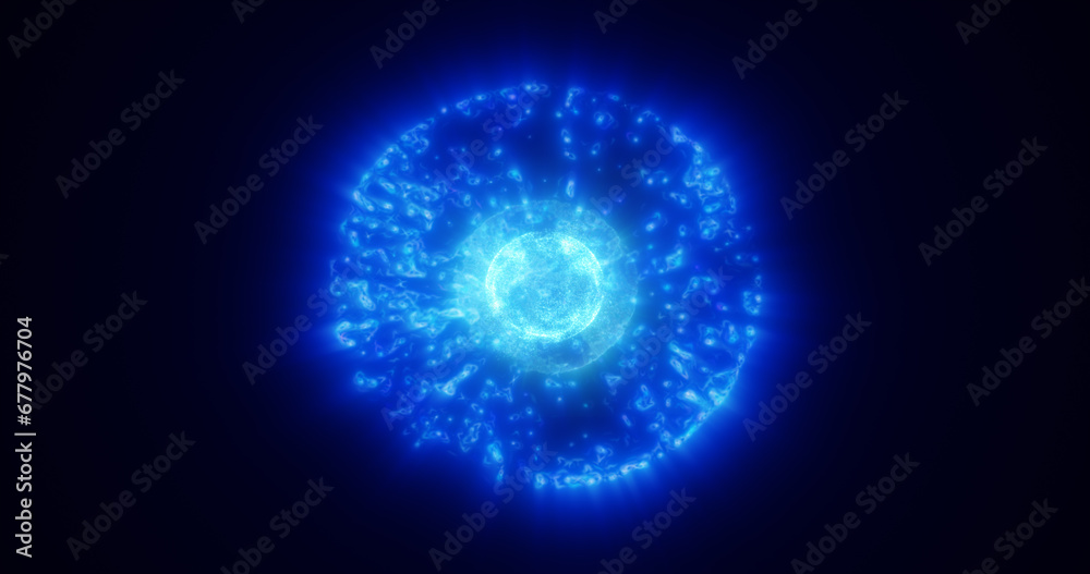 Abstract blue energy glowing digital sphere atom made of iridescent energy from moving electric plasma liquid on black background Abstract blue energy glowing digital sphere atom made of iridescent energy from moving electric plasma liquid on black background
