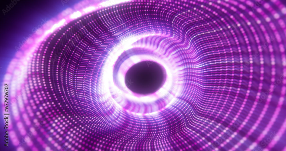 Abstract purple energy tunnel made of particles and a grid of high-tech lines with a glowing background effect