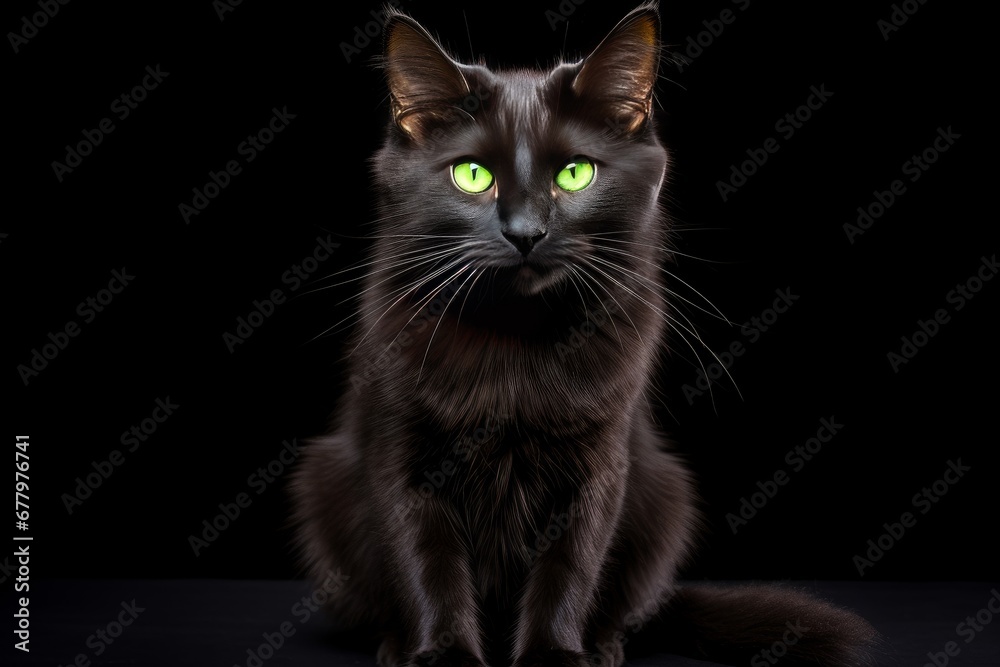 A sleek black cat with bright green eyes posing against a white backdrop. Generative AI