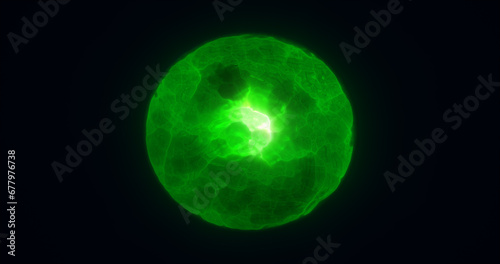 Energy abstract green sphere of glowing liquid plasma, electric magic round energy ball background