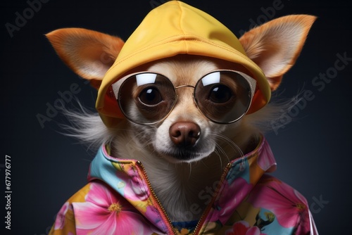 A Stylish Canine with a Yellow Hat and Trendy Glasses. A small dog wearing a yellow hat and glasses © AI Visual Vault