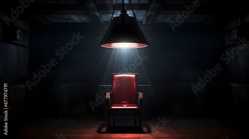 Interrogation Room with Unforgiving Light and Red Chair in Dark room. photo