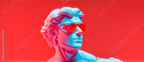 Fototapeta Marble white sculpture headbust of greek god Apollo with sunglasses in bright neon red background from Generative AI